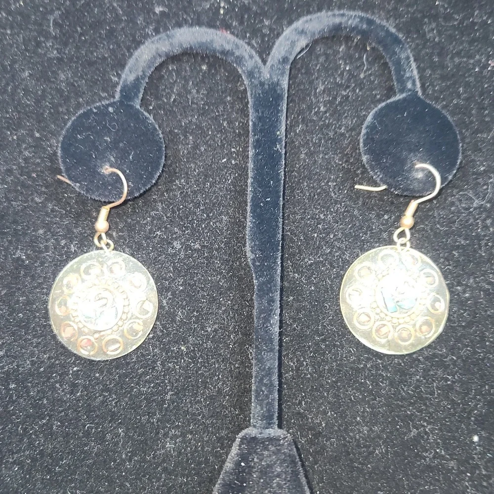 Tibetan Mosaic Inlay Drop Earrings Turquoise Coral Brass Boho Round Dangle